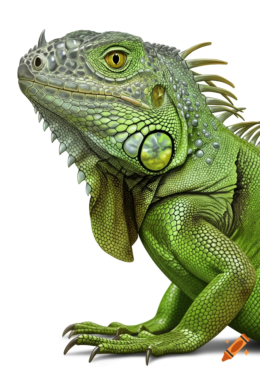Close-up digital illustration of a green iguana looking left.