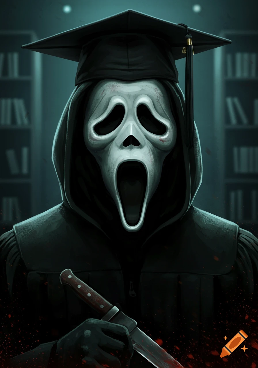 Ghostface character wearing a graduation cap and holding a bloody knife in a library, digital illustration.