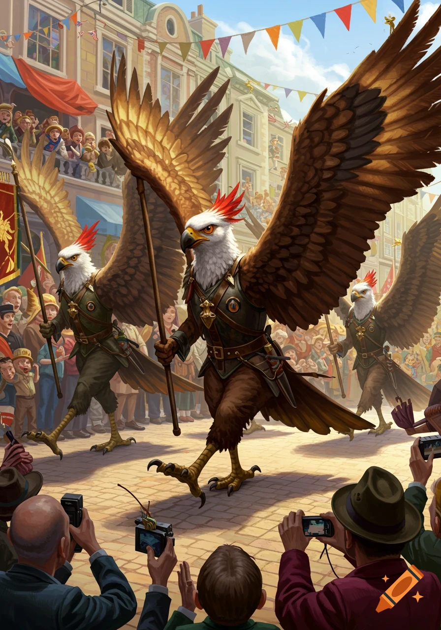 Anthropomorphic eagles in military uniforms march in a parade watched by a crowd.