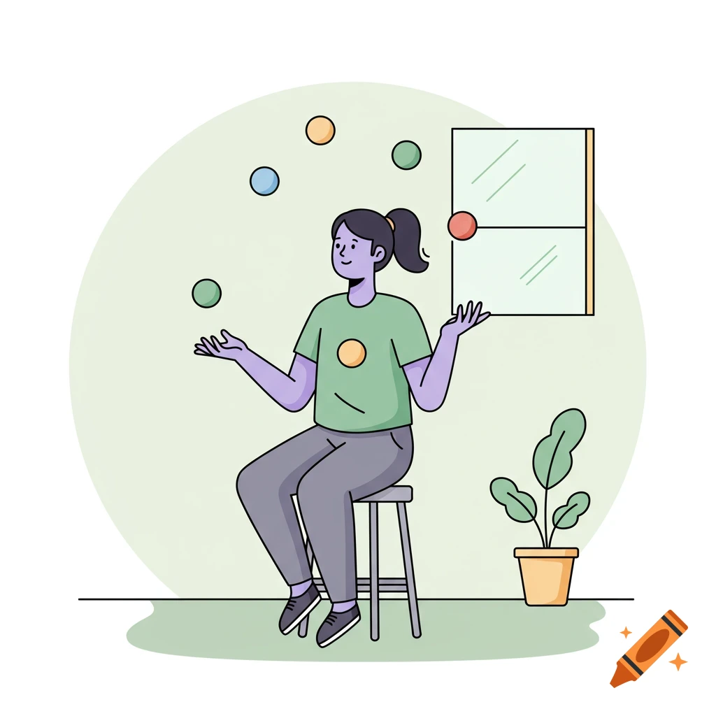Minimalist flat illustration of a person sitting and juggling balls.