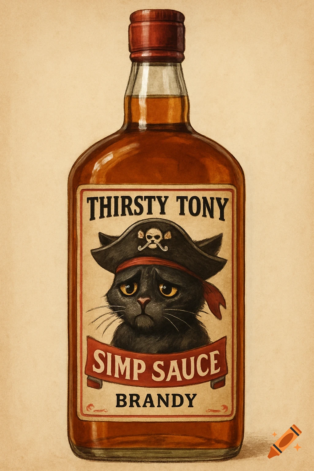 Bottle label featuring a sad black pirate cat and text reading 'Thirsty Tony Simp Sauce Brandy'