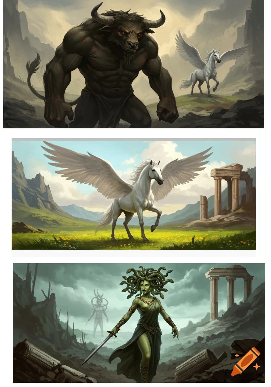 Three panels showing a Minotaur, a Pegasus, and Medusa in mythical landscapes.