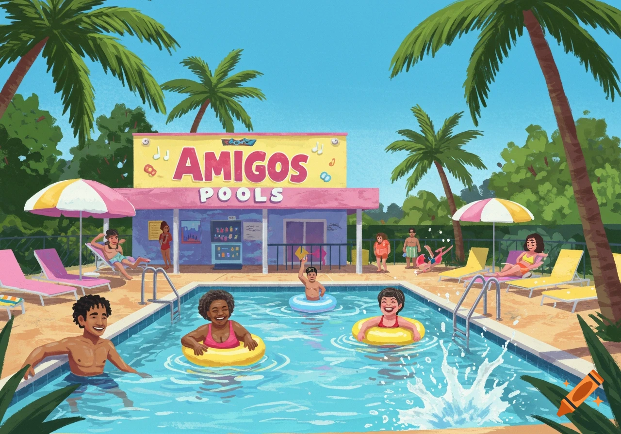 People swimming and relaxing by a pool with a building labeled Amigos Pools in an illustration style.