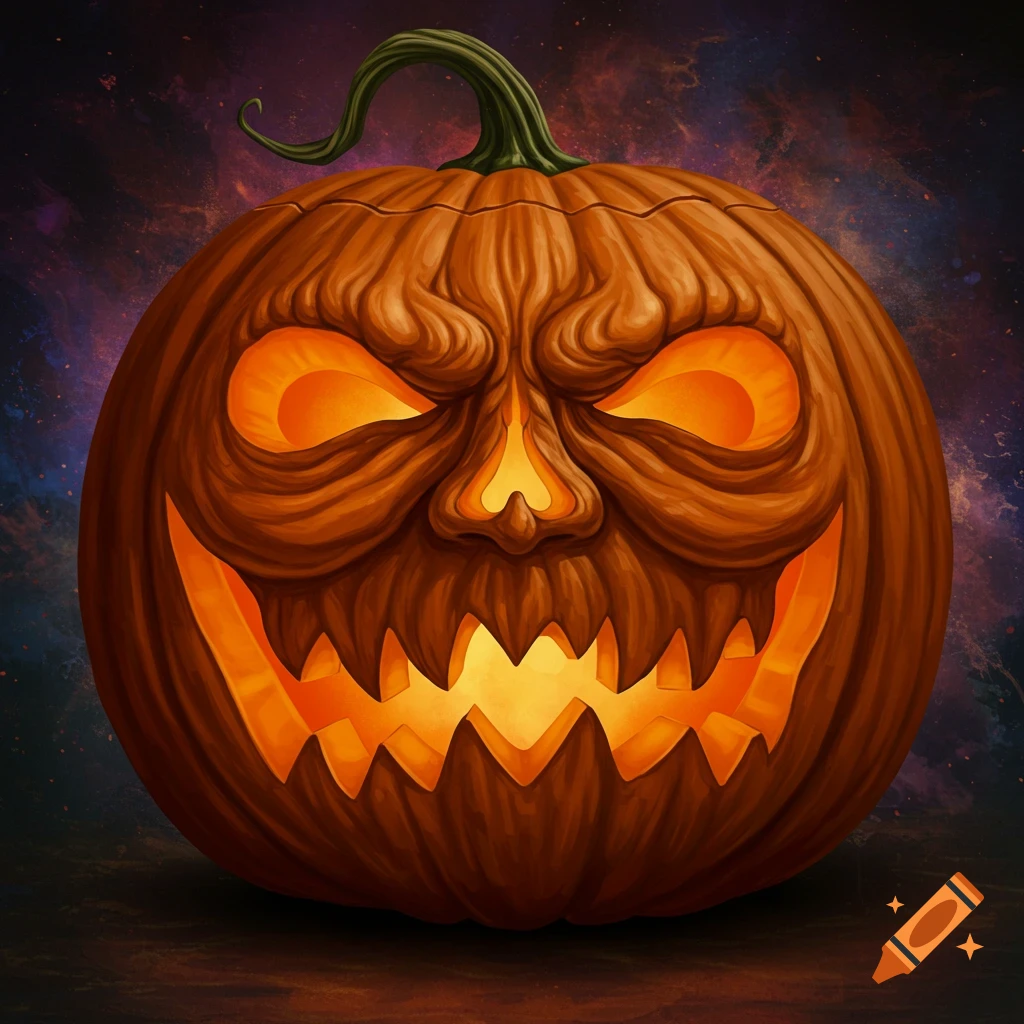 A carved Halloween pumpkin with a menacing face and glowing eyes and mouth, set against a dark, cosmic background.