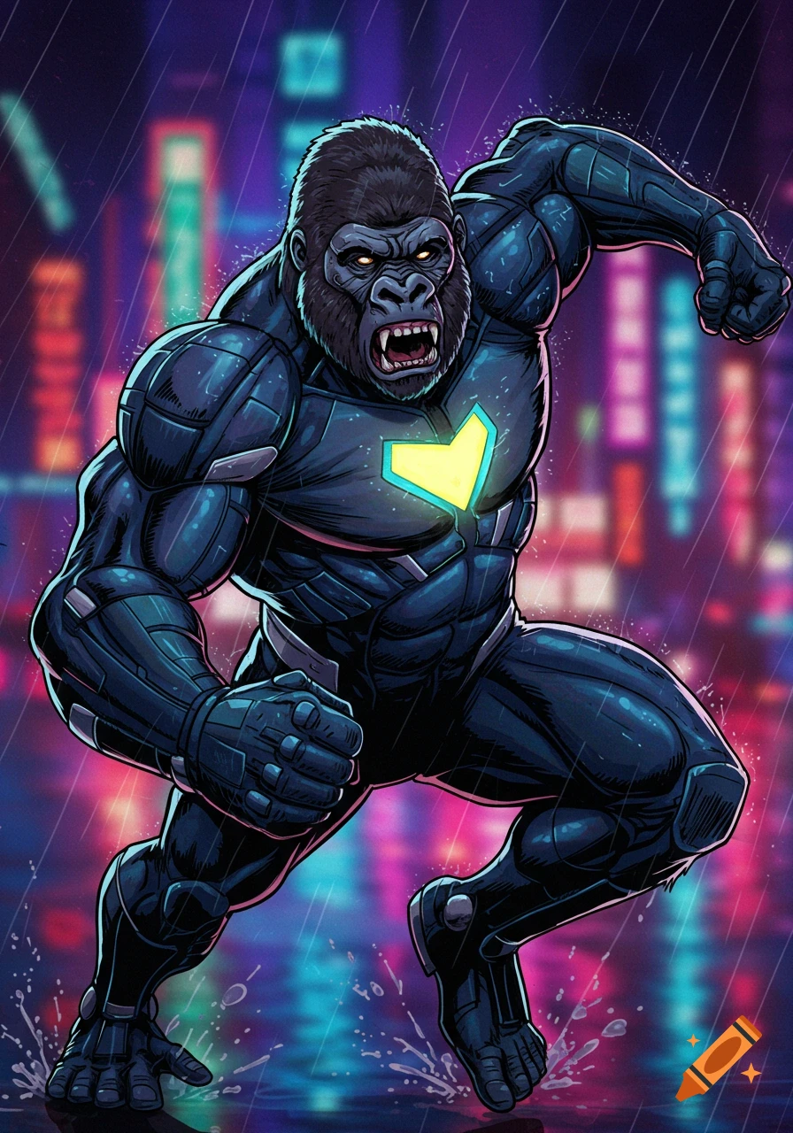 Illustration of a superhero gorilla running through a rainy city street at night.
