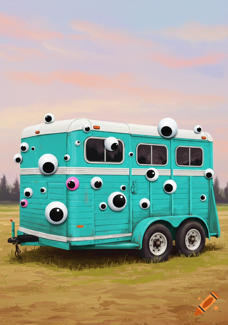 A teal horse trailer covered in various sizes of googly eyes sits in a field under a pastel sky, digital painting.