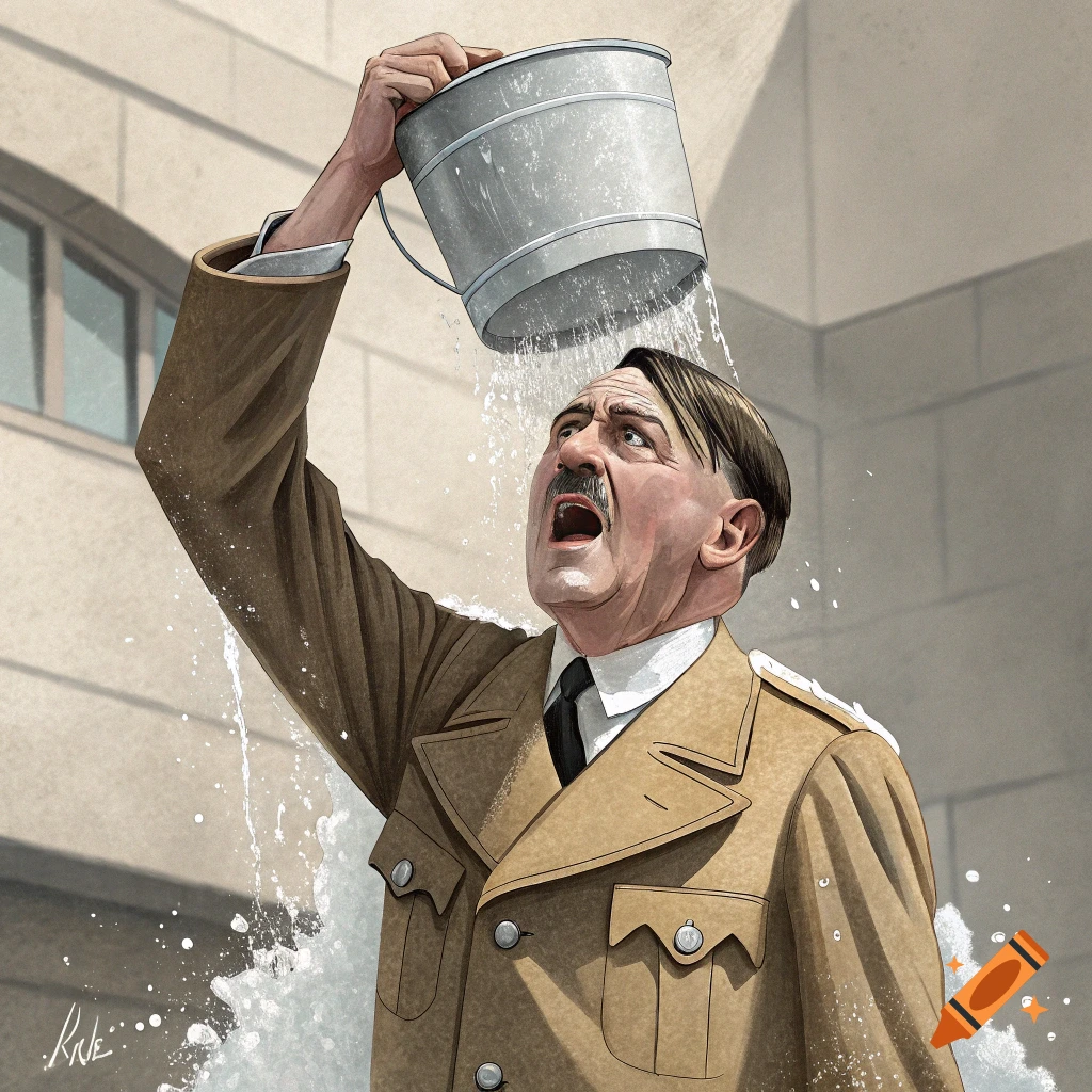 Illustration of Adolf Hitler having a bucket of water poured on his head for the ice bucket challenge