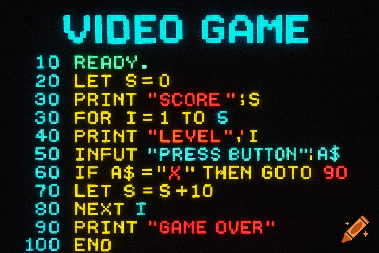 80s style computer code on a black screen, showing lines of BASIC programming.