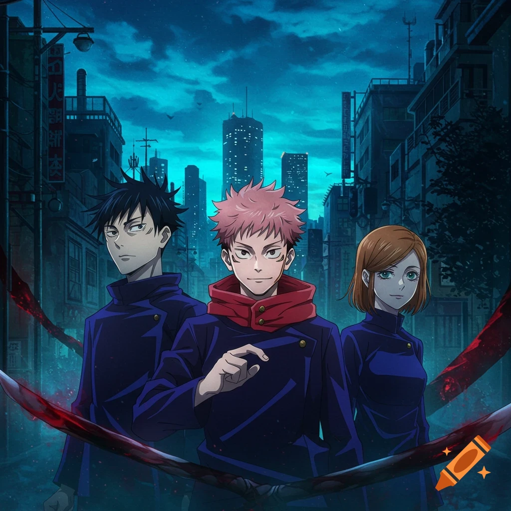 Three anime characters from Jujutsu Kaisen stand in a dark city street with red streaks.