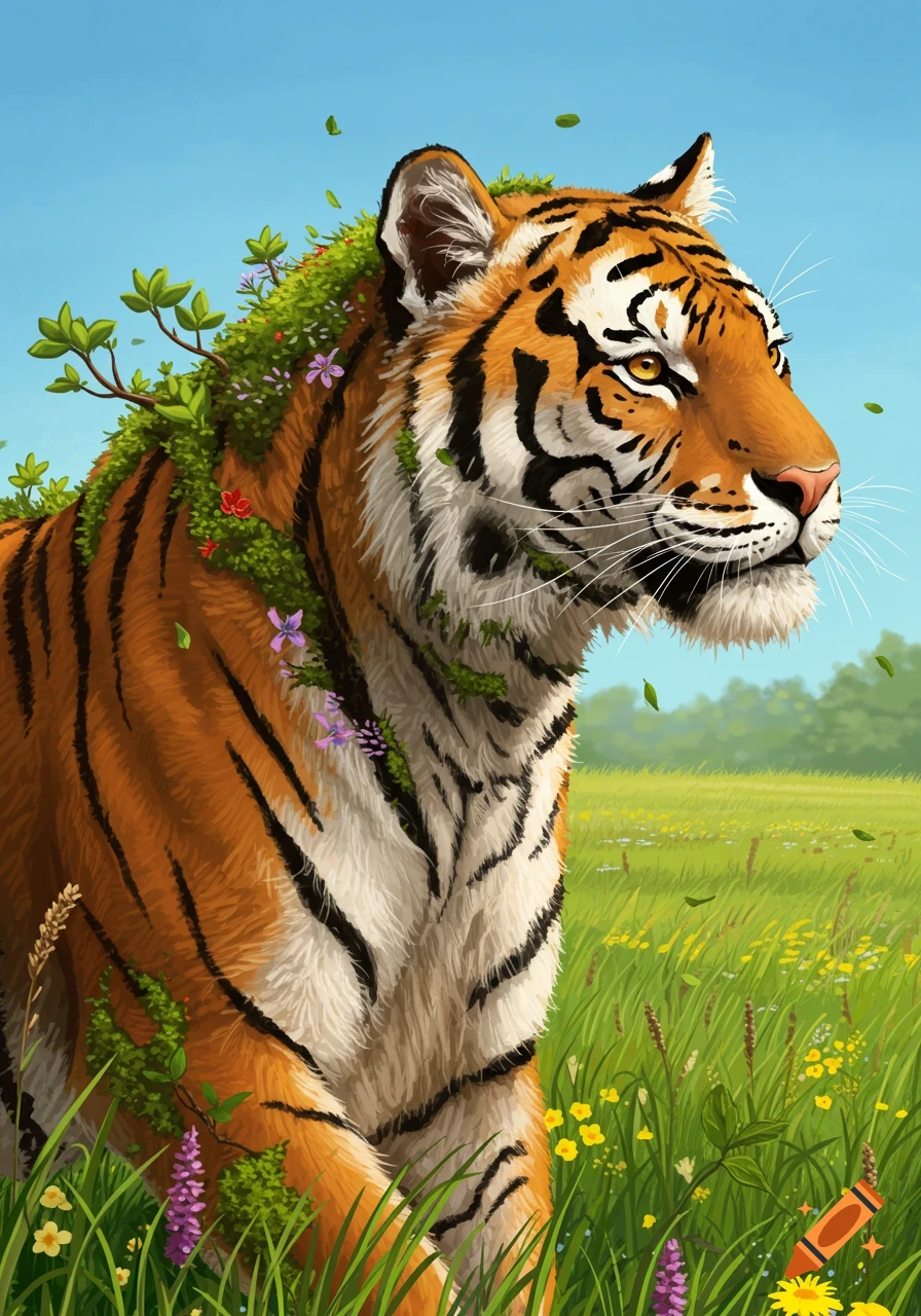 A tiger with greenery and flowers growing on its back stands in a sunny field.