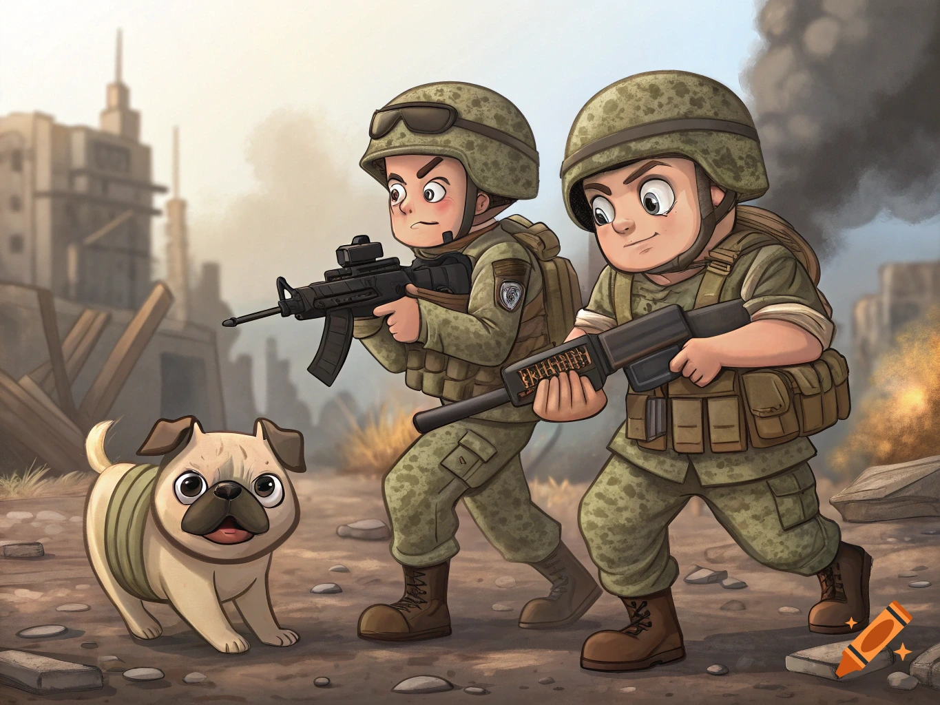 Cartoon soldiers and a pug stand on a rubble-strewn street in a warzone.