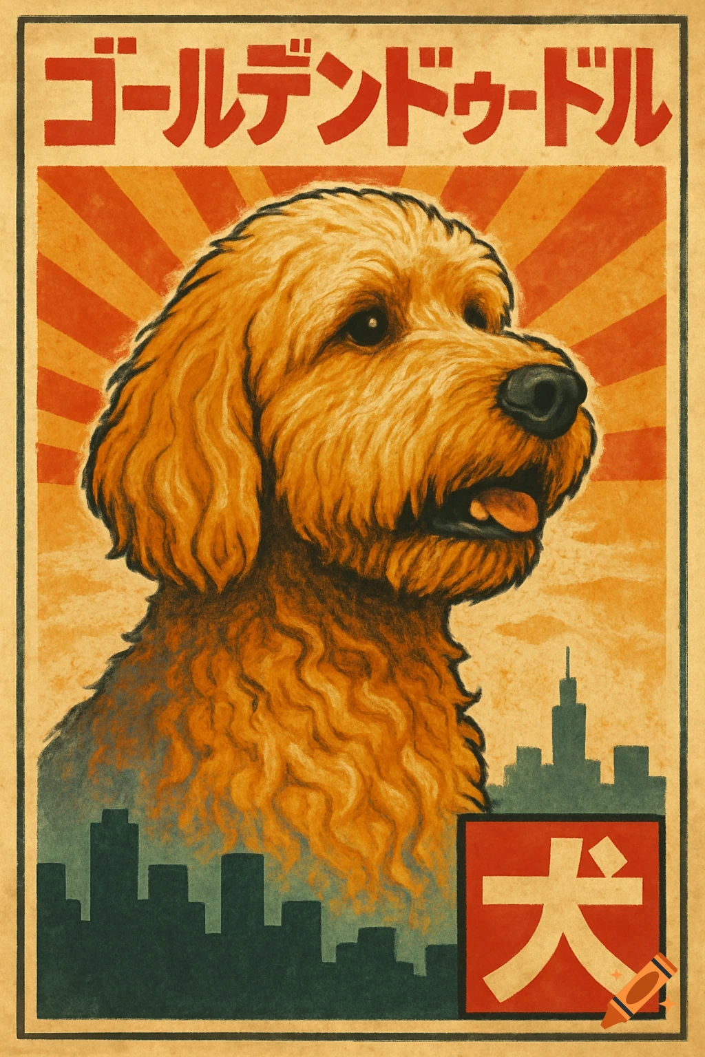 Retro Japanese poster featuring a golden doodle against a cityscape.