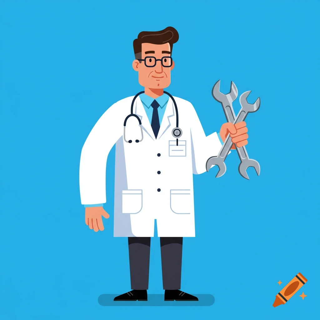 Cartoon illustration of a doctor holding two wrenches.