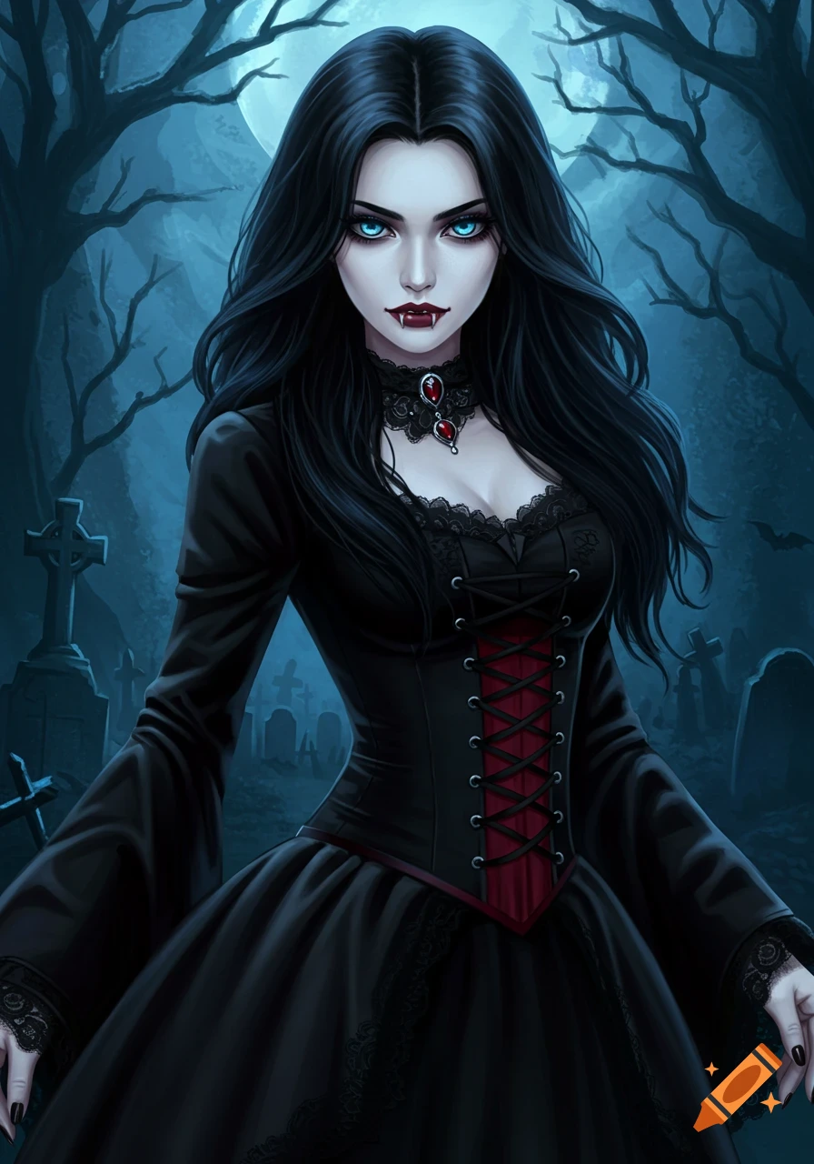 A digital painting of a vampire woman with long black hair, glowing blue eyes, fangs, and a black gothic dress in a graveyard under a full moon.