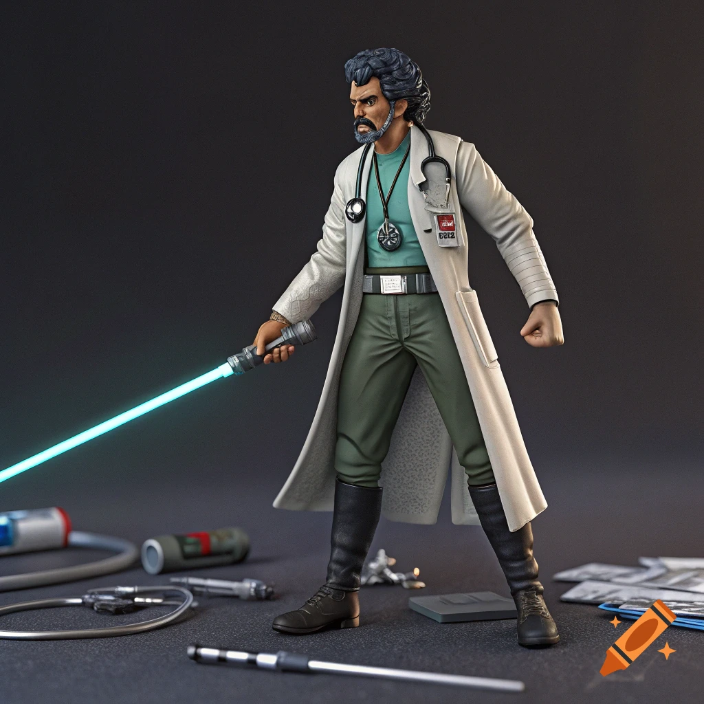 Action figure of a doctor holding a blue lightsaber, standing over scattered medical and weapon items.