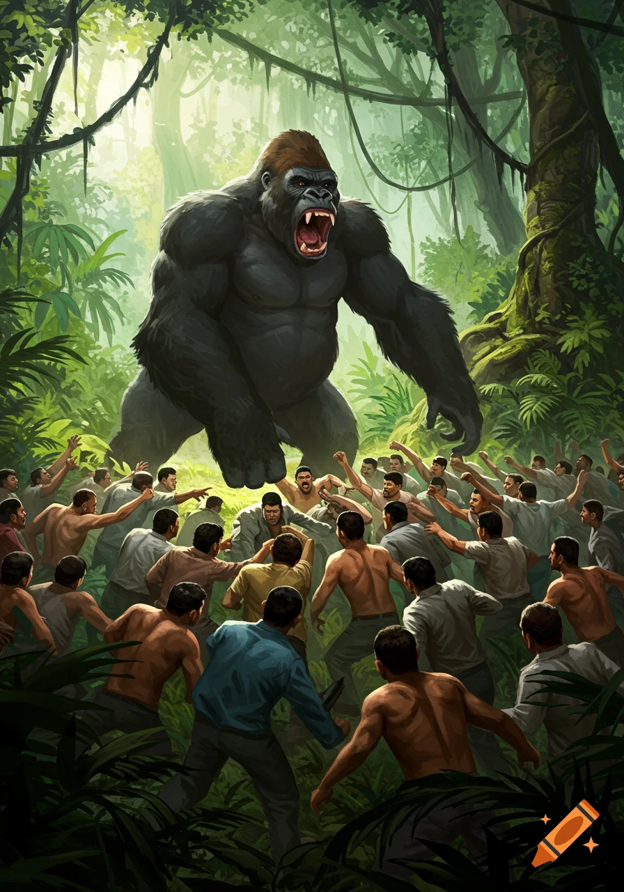 A giant gorilla stands over a large crowd of men in a dense jungle in an illustrative style.