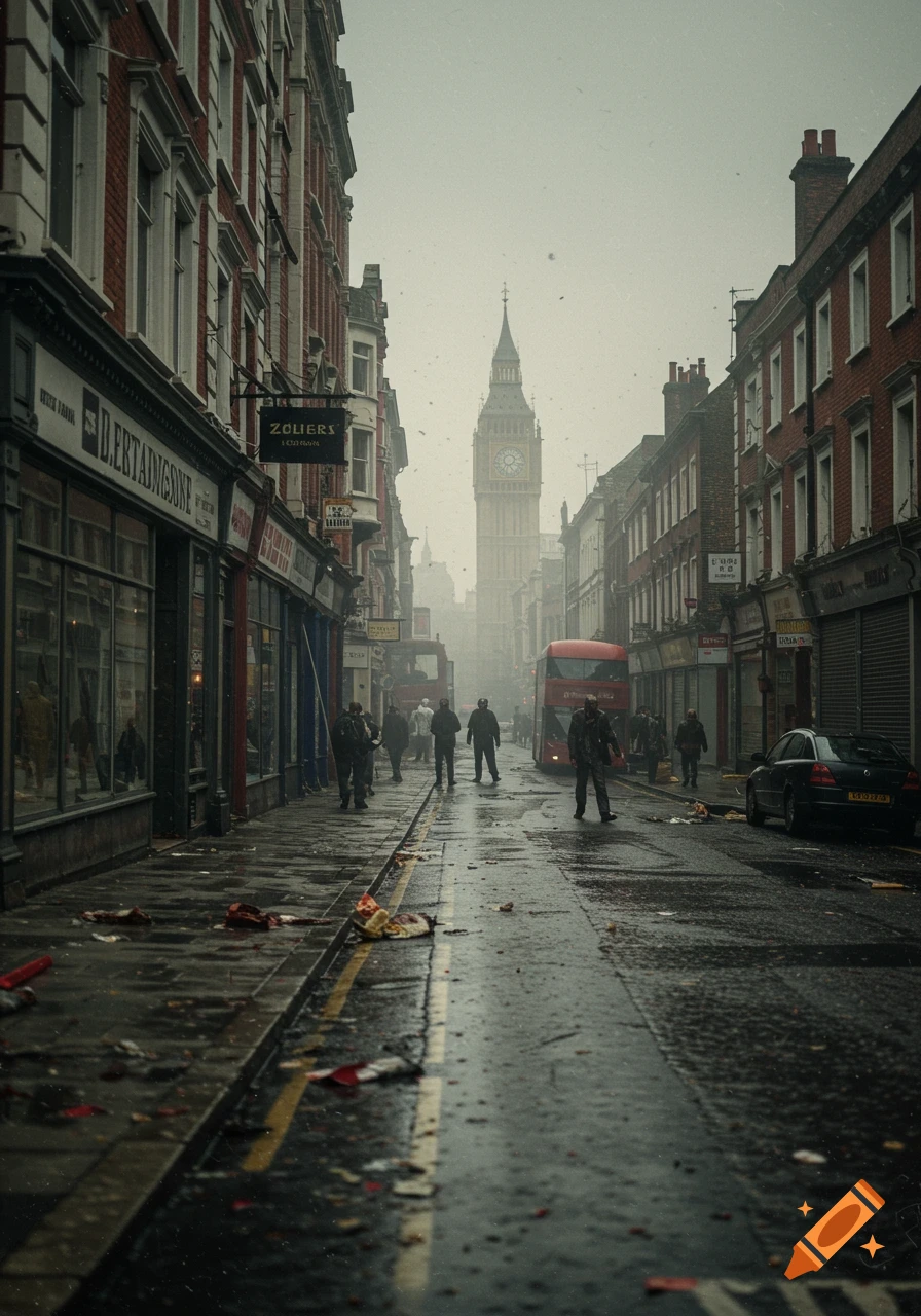Wet London street with figures, red bus, and Big Ben in background during a misty zombie apocalypse.