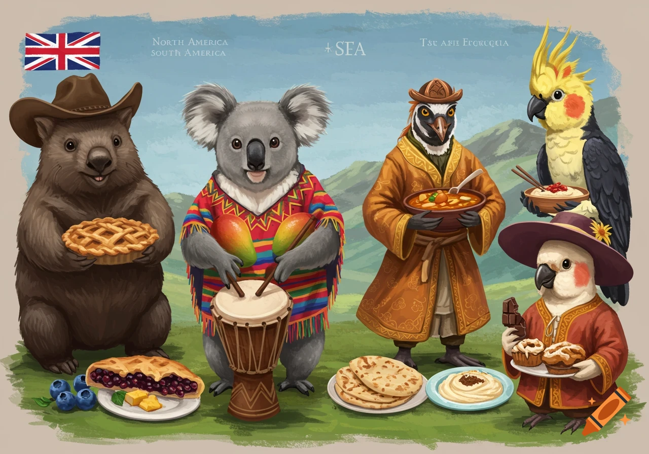 Anthropomorphic animals representing regions with food: wombat with pie, koala with mangoes, bird with stew, emu with flatbread/hummus, cockatoo with chocolate/cupcakes.