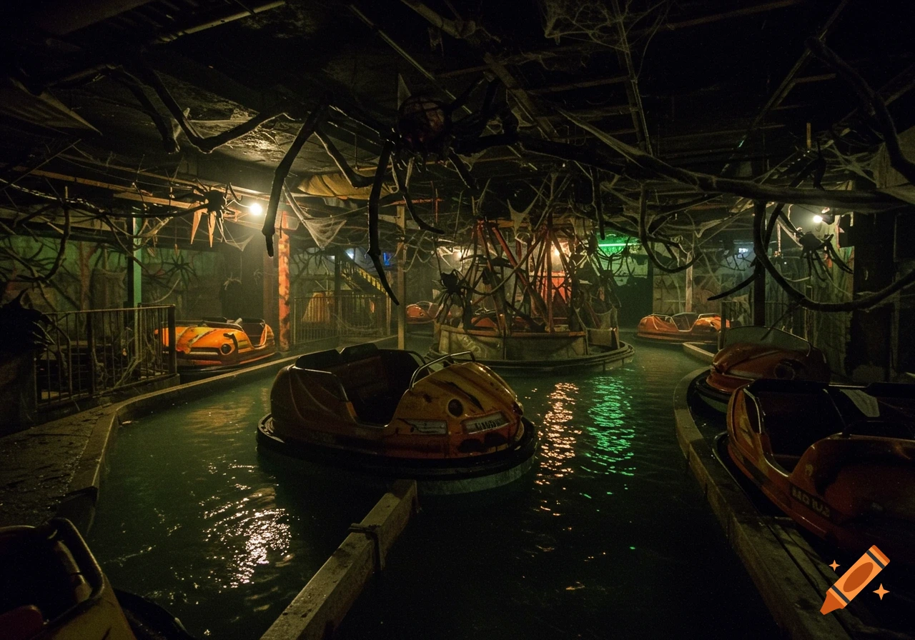 Dark and spooky abandoned water dark ride themed with giant spiders and cobwebs, featuring bumper cars.