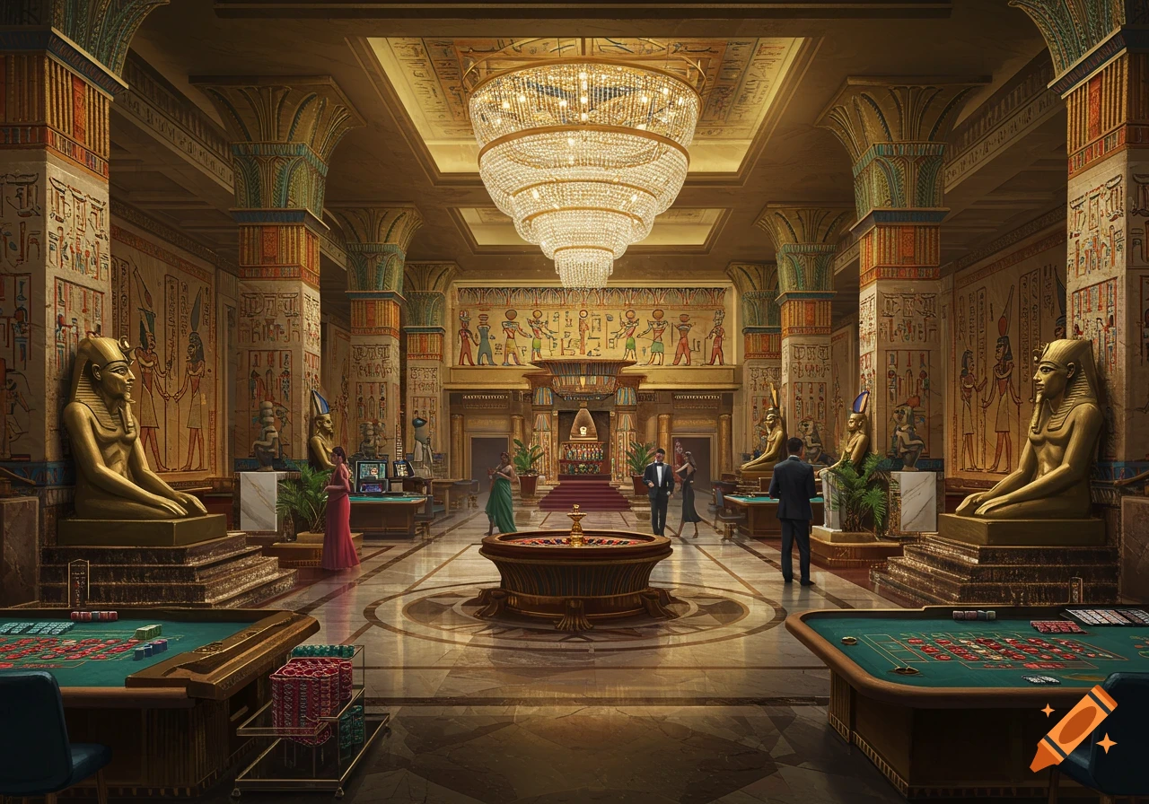 Ornate Egyptian-themed casino interior with statues, hieroglyphics, chandeliers, and gaming tables.