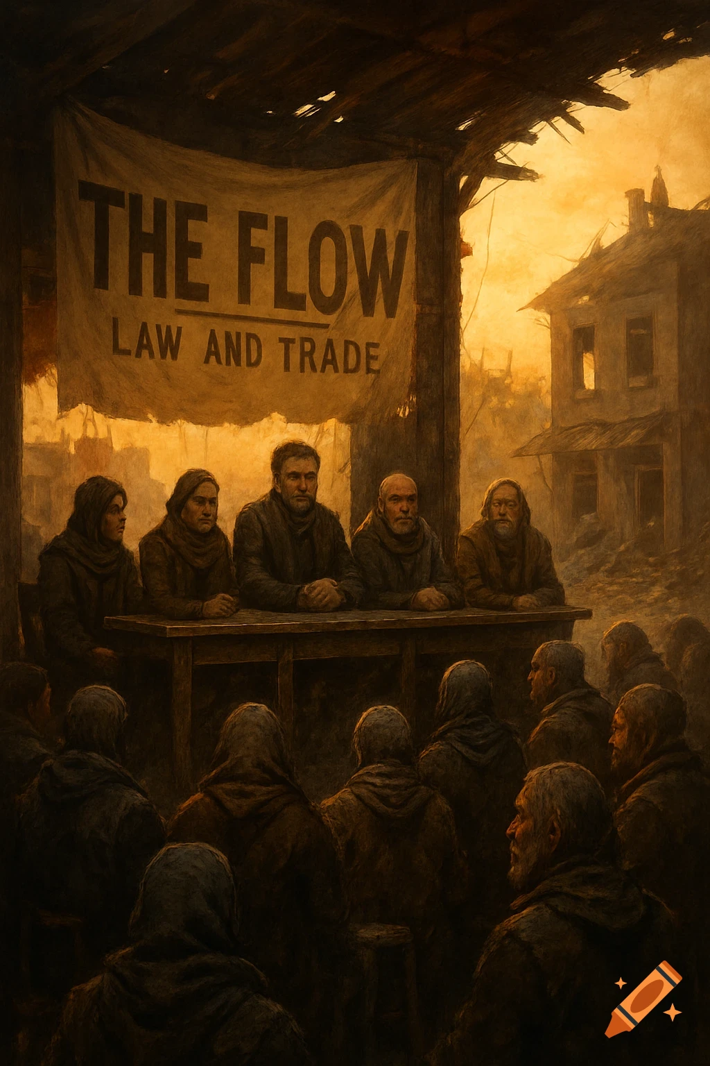 Dystopian gathering under a banner reading 'The Flow Law and Trade', with people seated at a table addressing a crowd. Painterly style.