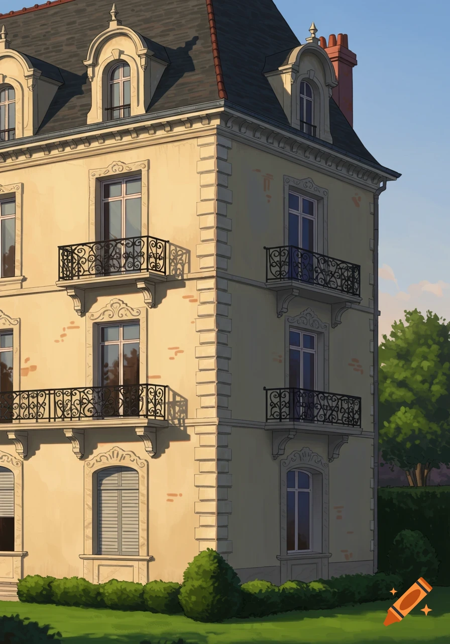 Illustration of the side view of a French villa with balconies, a mansard roof, and ornate details.
