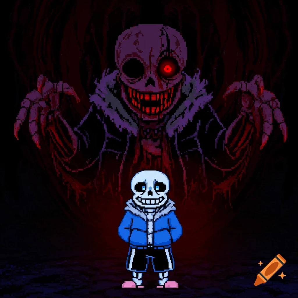 Pixel art of a small skeletal figure with a large, menacing skeleton behind it.