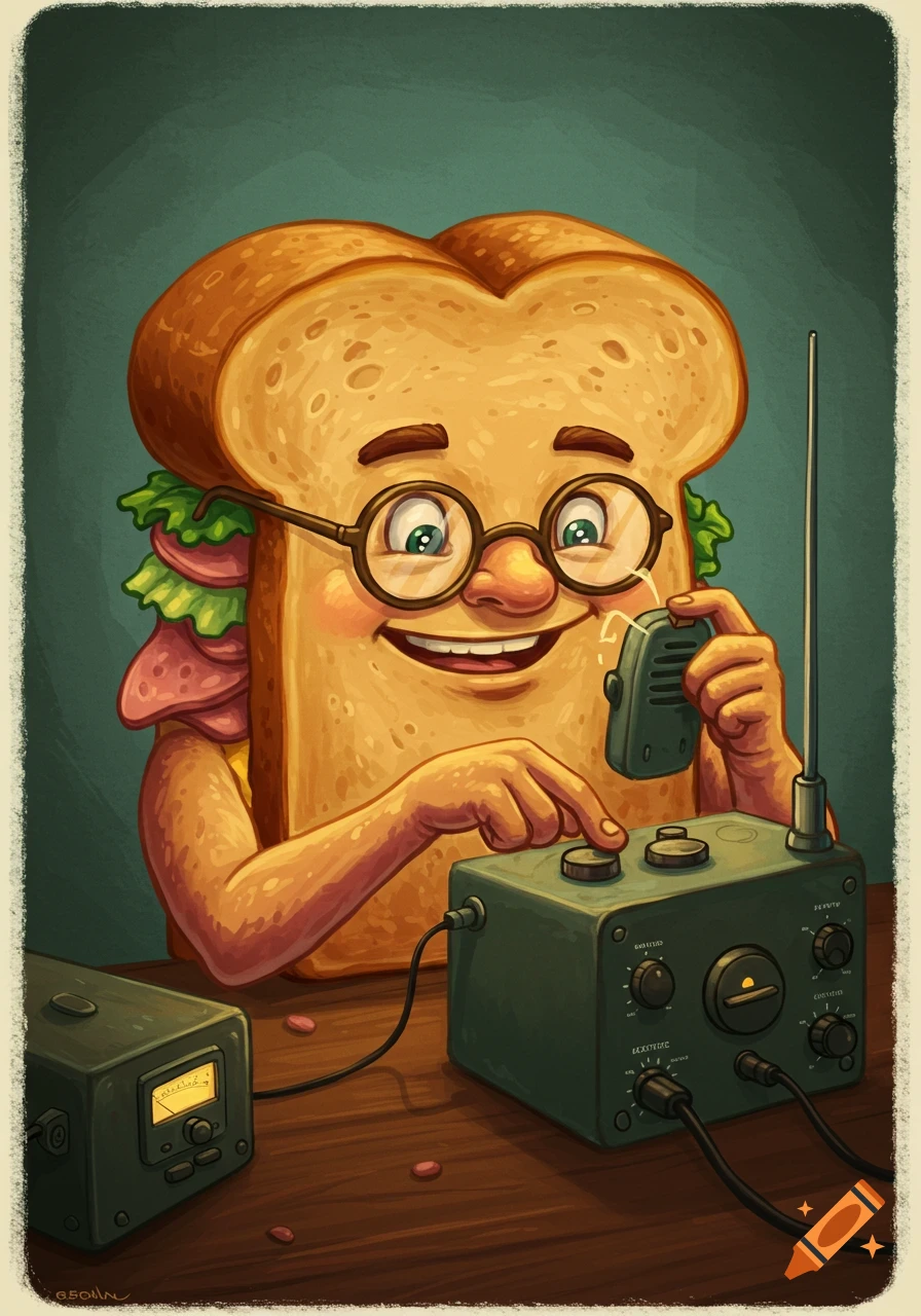 Illustration of a smiling sandwich character wearing glasses and operating a HAM radio.