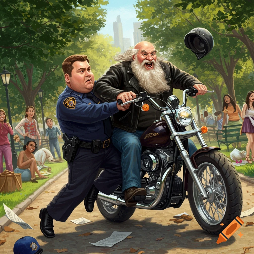 A comical illustration of a police officer tackling a large bearded motorcyclist in a park.