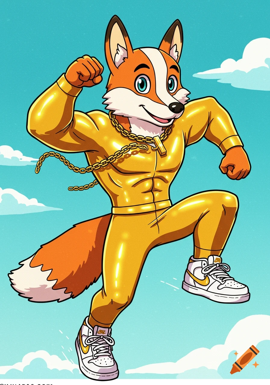 A cartoon fox in a shiny gold suit, gold chain, and white Nike sneakers leaps in the air.
