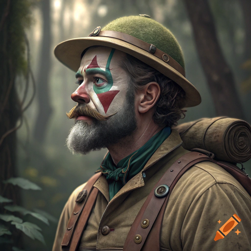 Man with clown face paint and explorer gear in a forest.