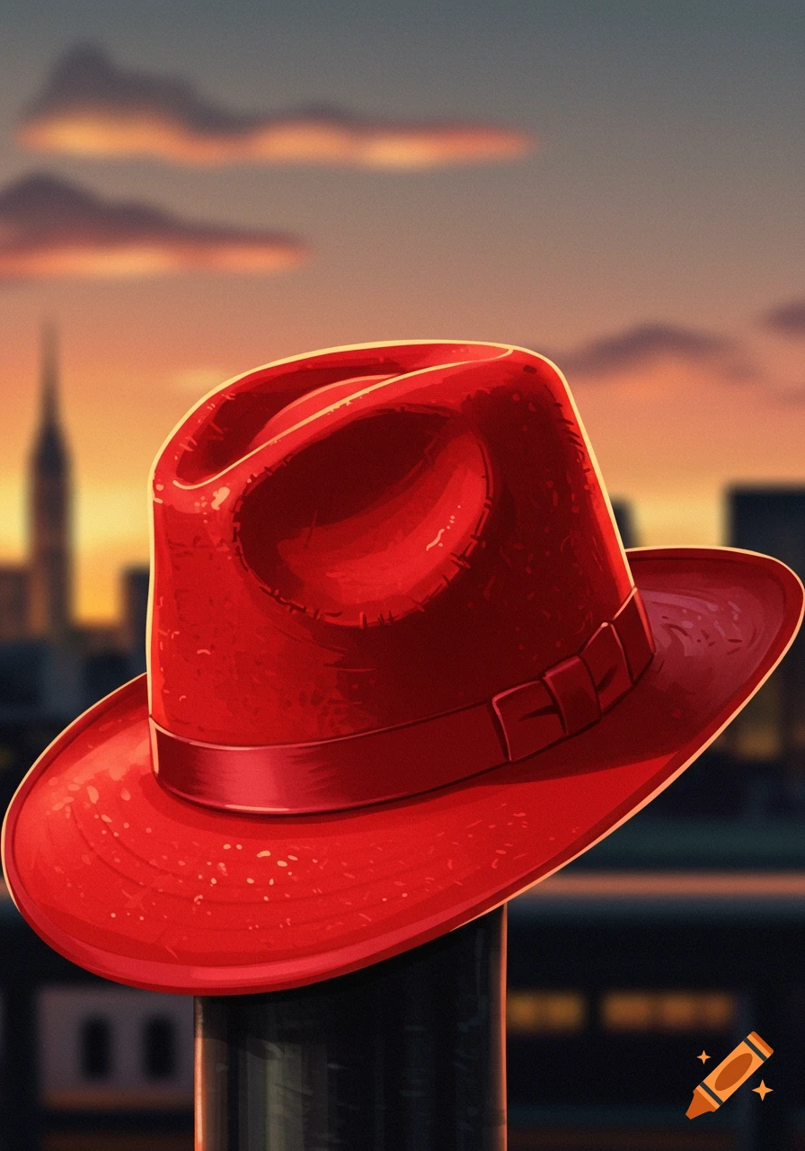 Red fedora hat on a pole overlooking a city skyline at sunset, illustration style.