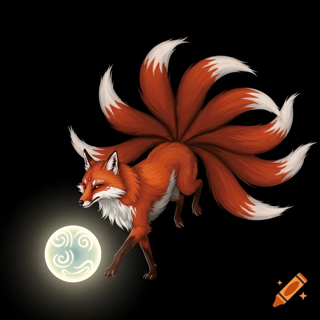 A nine-tailed orange fox leaps towards a glowing orb against a dark background.