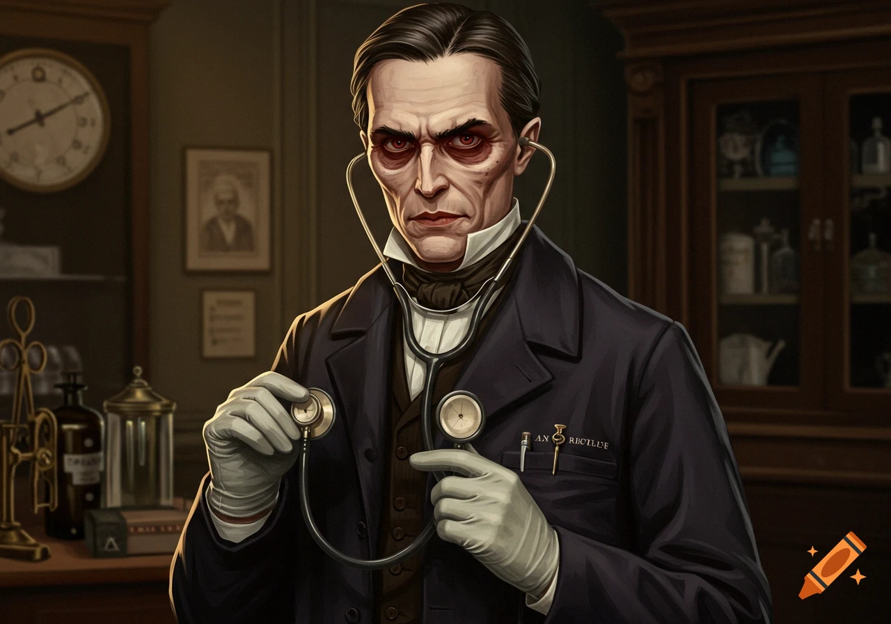 A portrait of a gaunt man dressed as a doctor in an old office, holding a stethoscope.