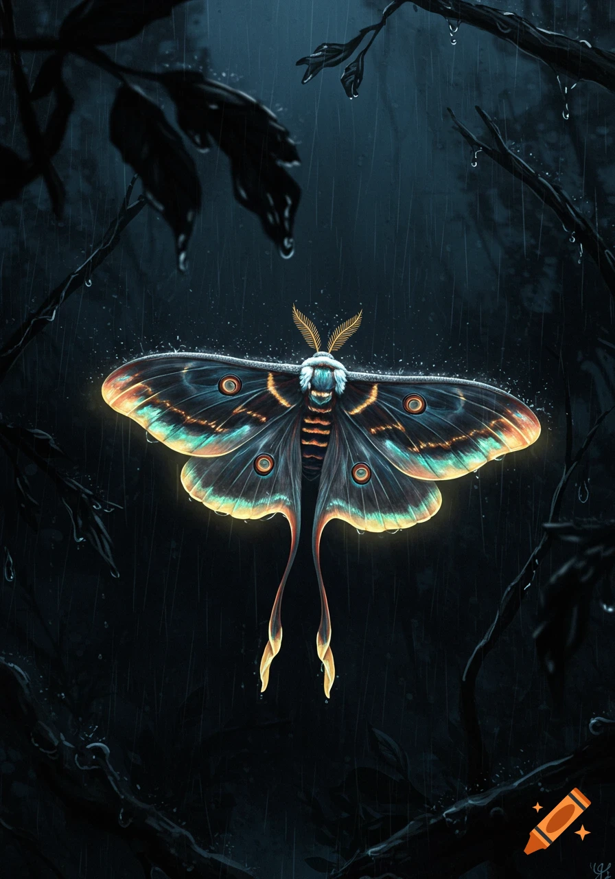 Glowing moth in a dark rainy forest illustration.