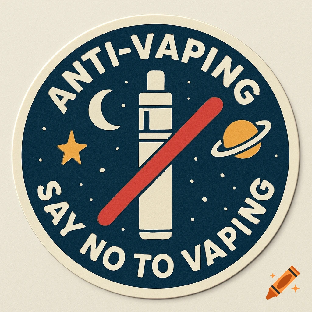 Round anti-vaping sticker with a space theme, featuring text 'ANTI-VAPING SAY NO TO VAPING', crossed out vape, stars, moon, planet.