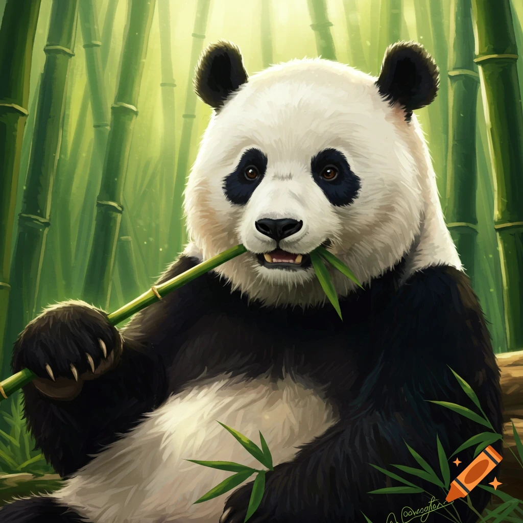 A giant panda sits in a bamboo forest and eats a bamboo stalk, digital painting