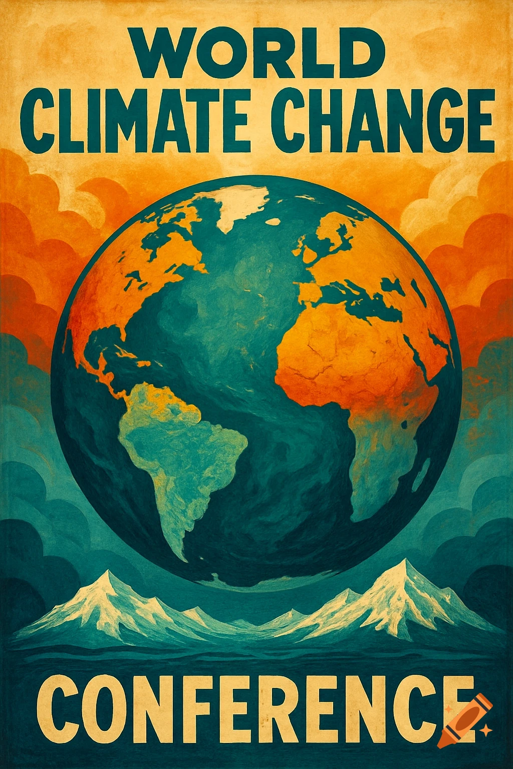 Vintage-style poster for the world climate change conference with an image of the Earth, mountains, and clouds.