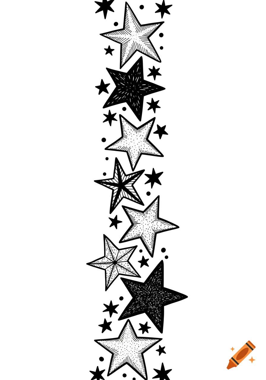 Vertical line of black and white hand-drawn stars.
