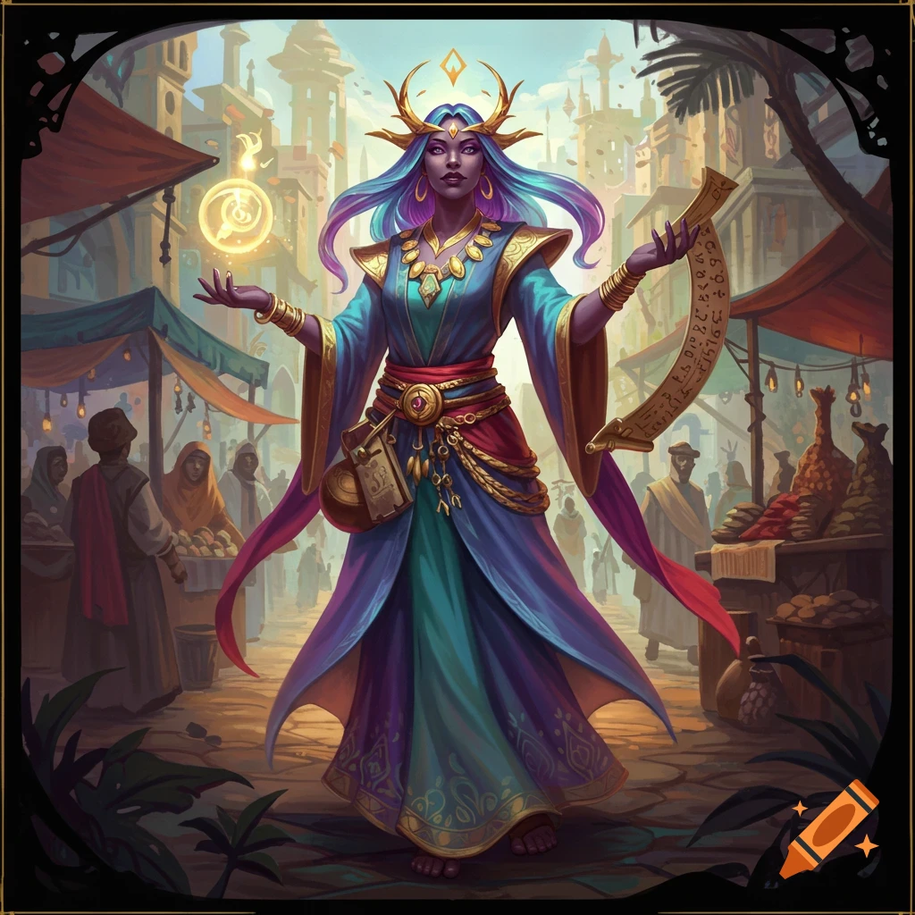 Fantasy goddess in ornate robes stands in a bustling market, holding a glowing orb and a scroll.