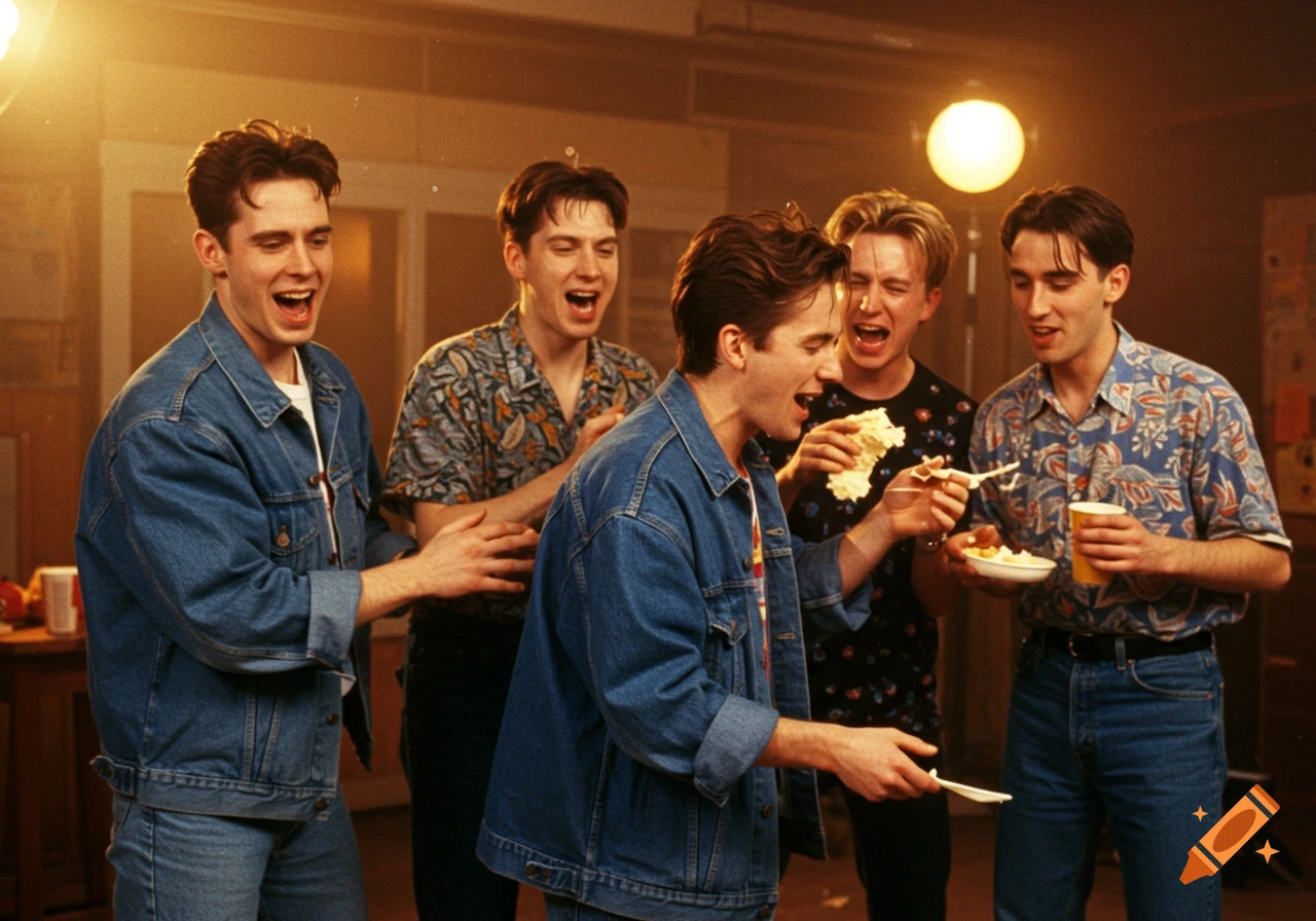 Five young men in 1990s fashion eating and laughing