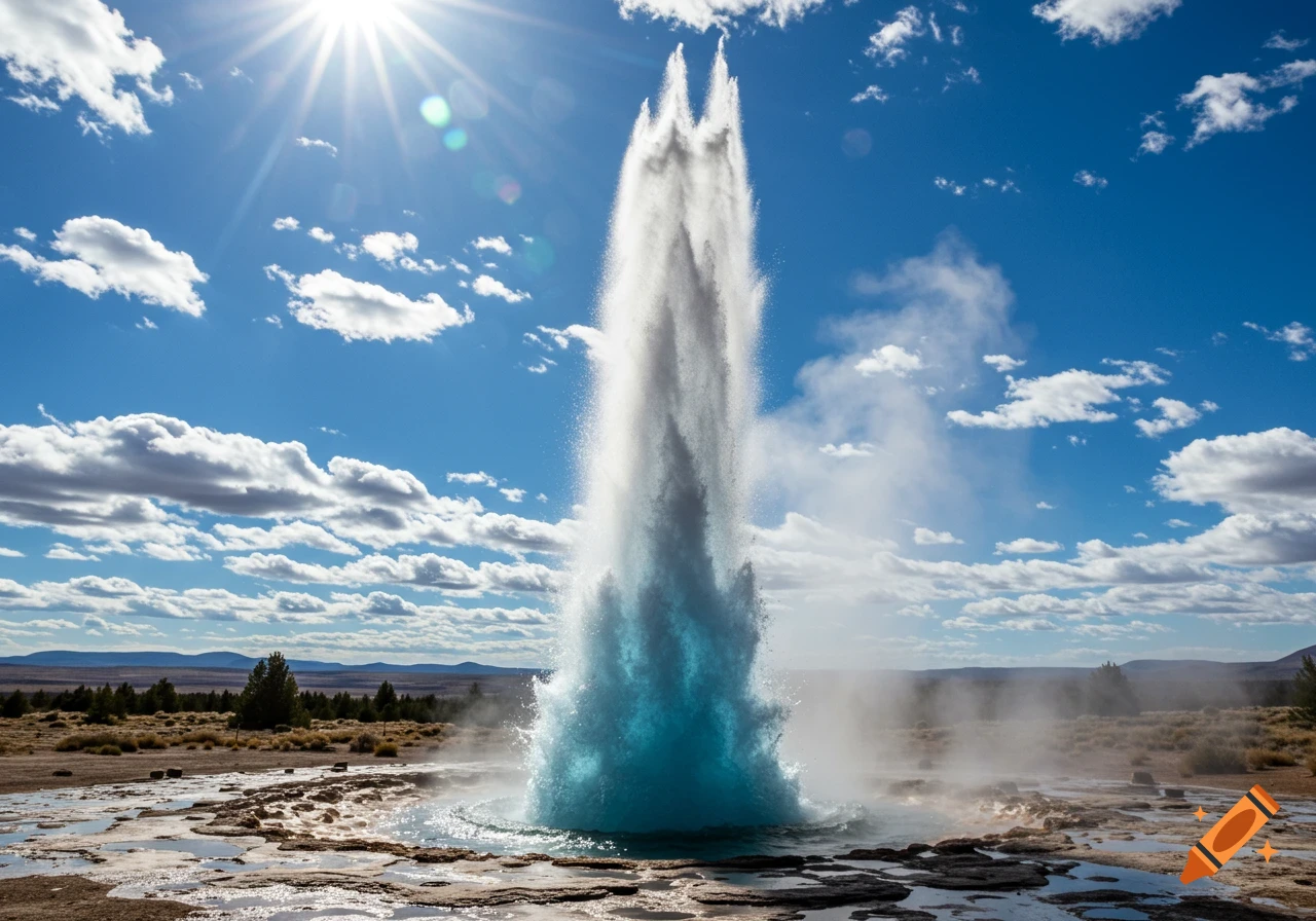 A powerful geyser erupting under a sunny blue sky with white clouds.