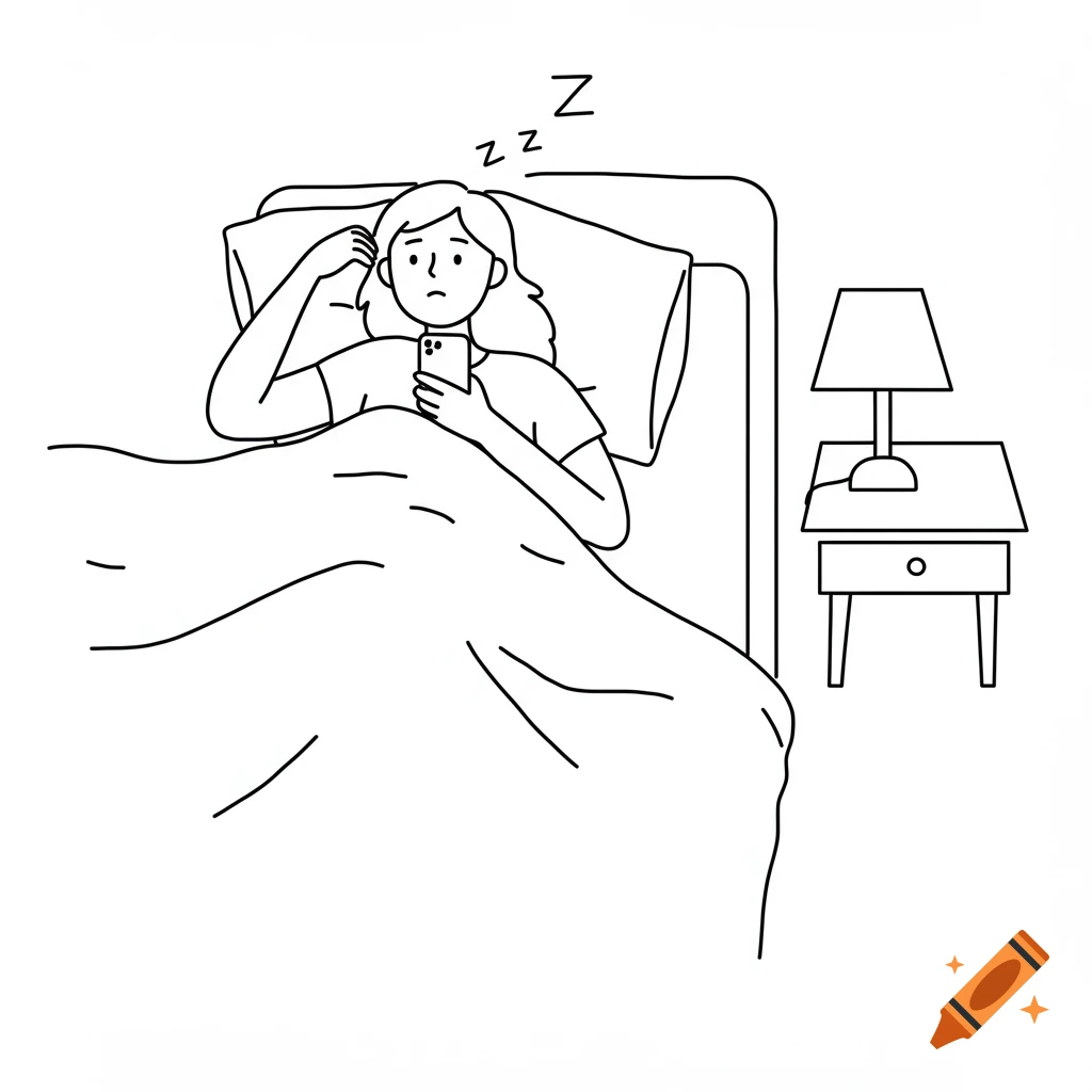 Line drawing of a woman in bed on her phone looking worried with Z symbols.