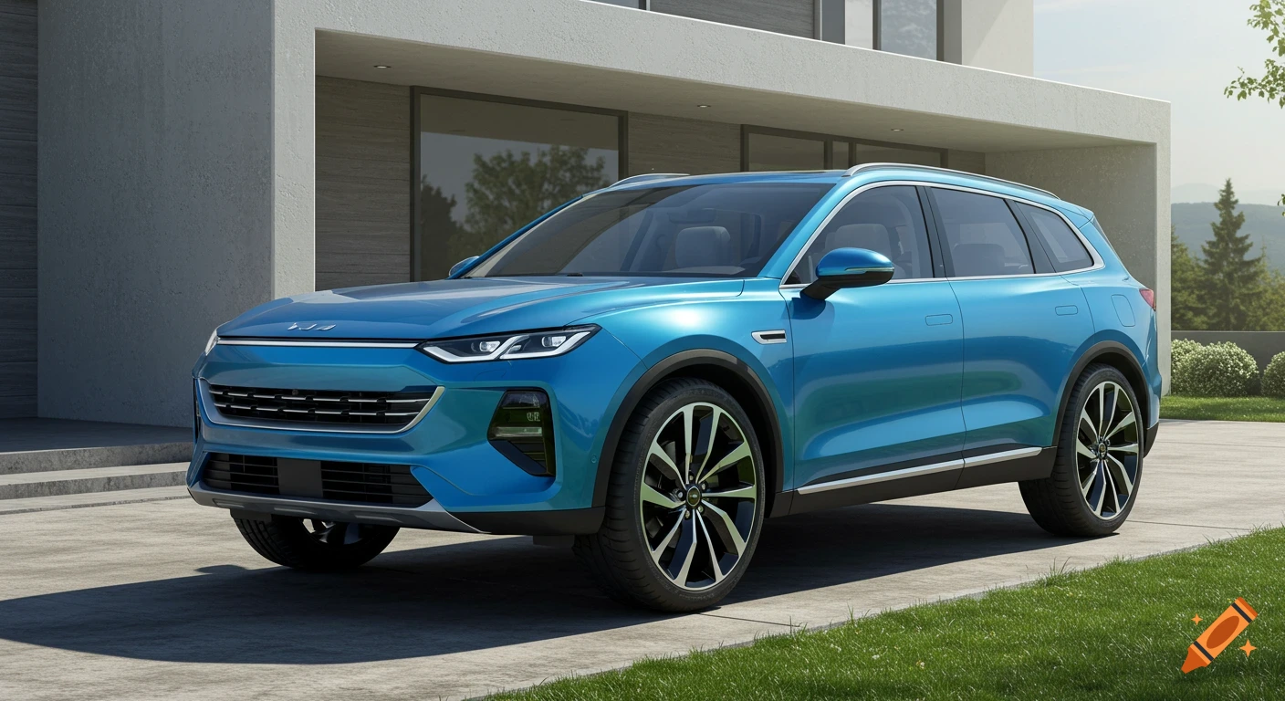 A blue SUV parked outside a modern house.