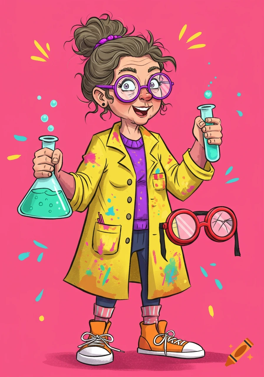 Cartoon scientist holding lab beakers, splattered with color.