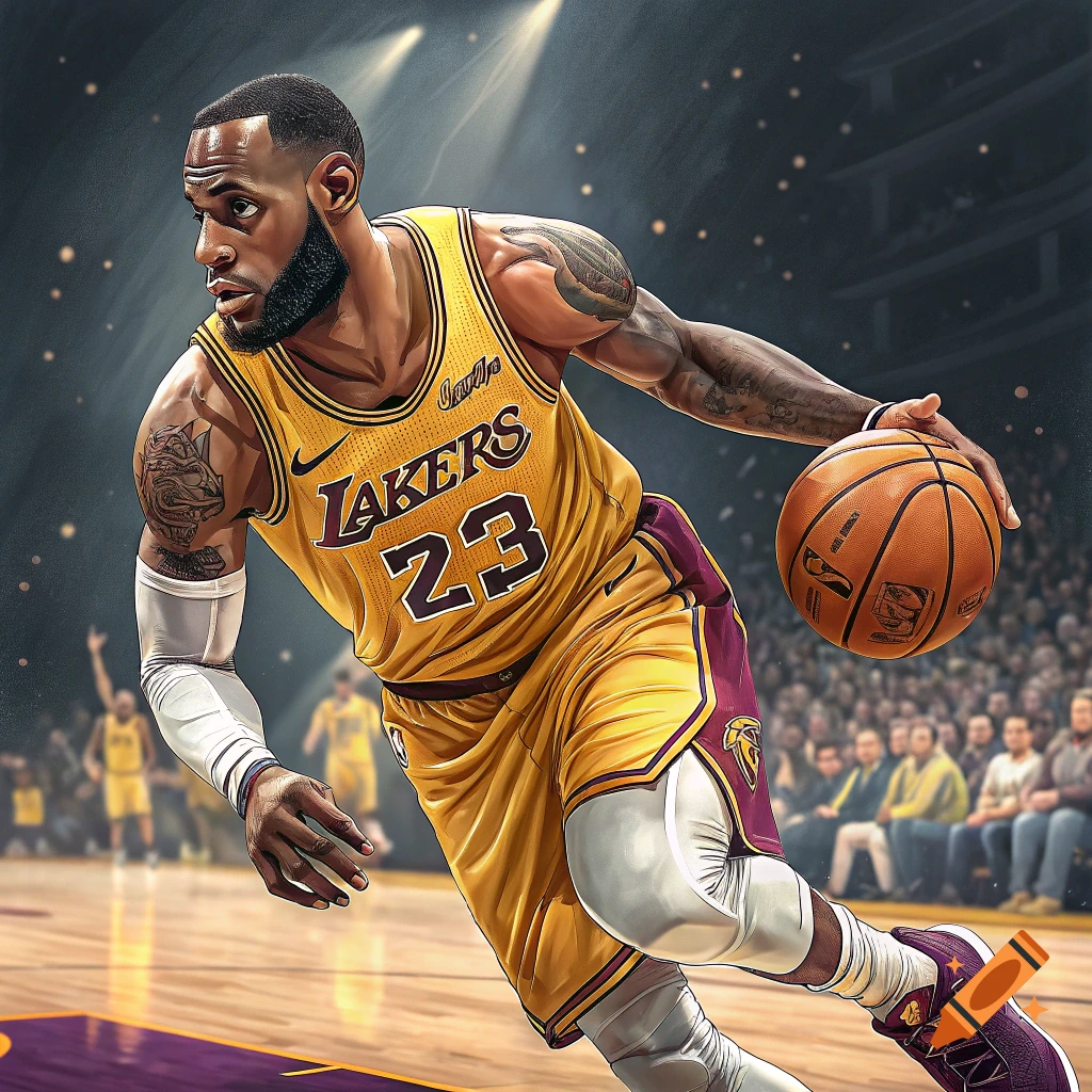Illustration of LeBron James dribbling a basketball in a Lakers jersey on a court.