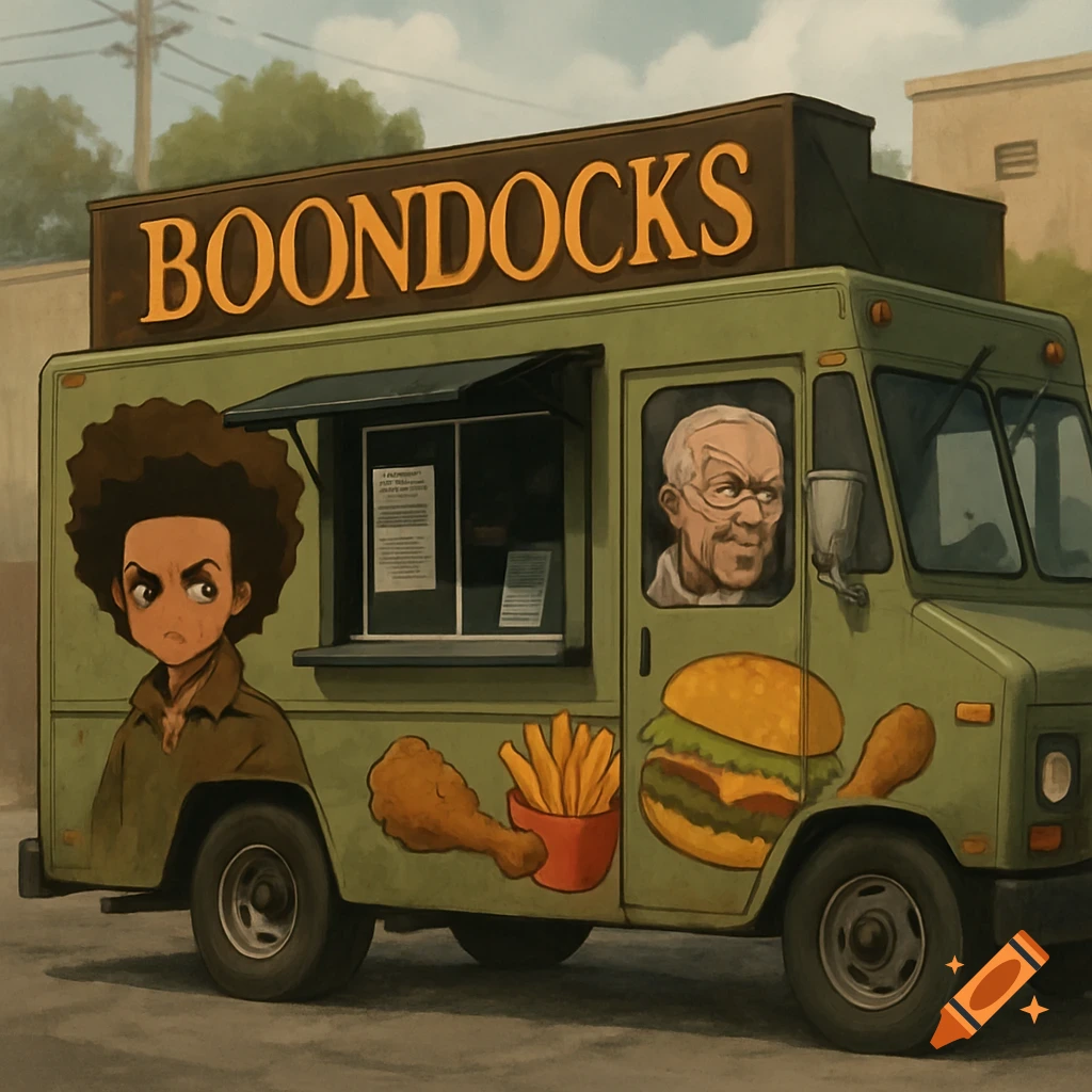 Green food truck with Boondocks characters Huey and Granddad, sign reads BOONDOCKS