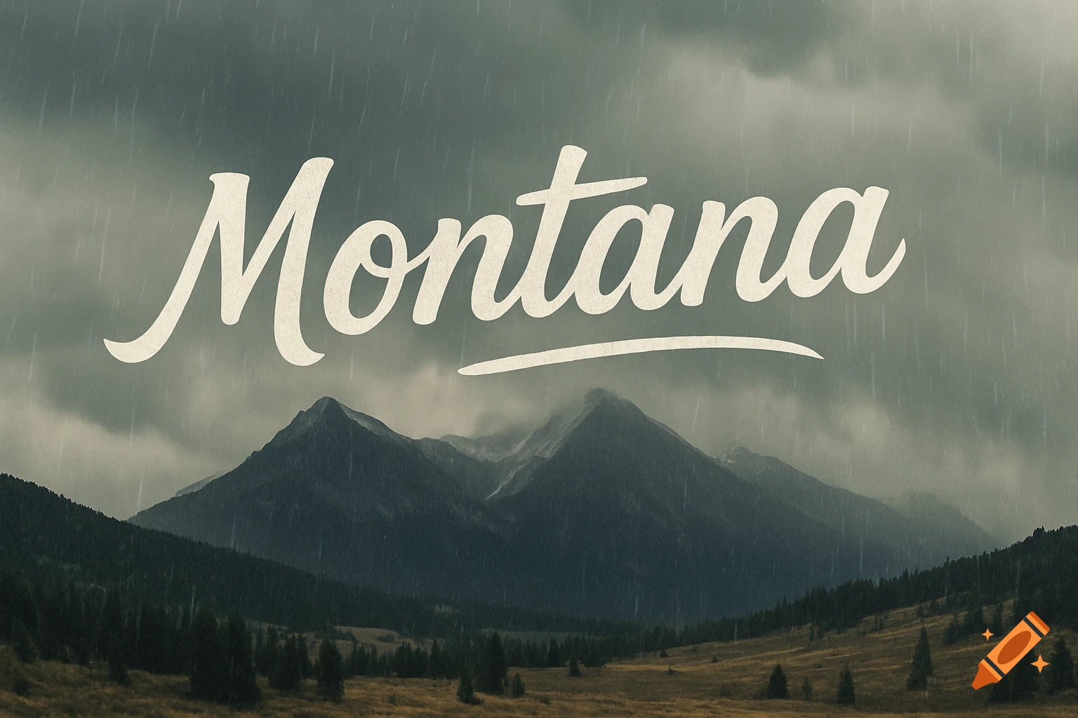 Montana landscape with mountains and rain, stylized text overlay.