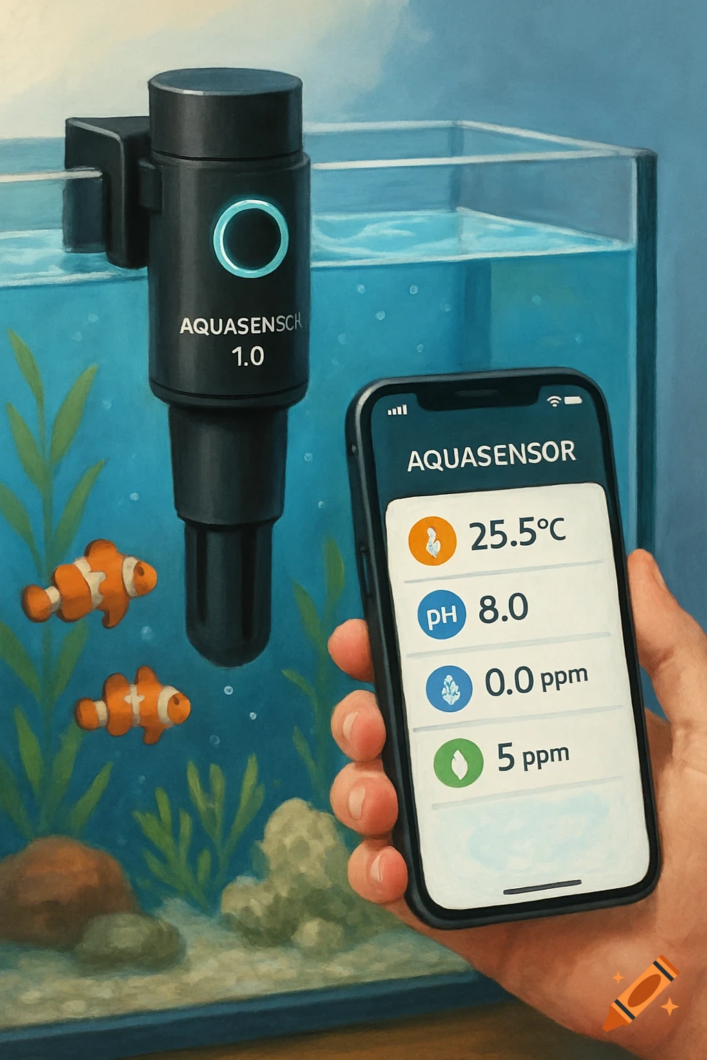 Aquarium scene with two clownfish, a water sensor device, and a hand holding a smartphone app showing water parameters.