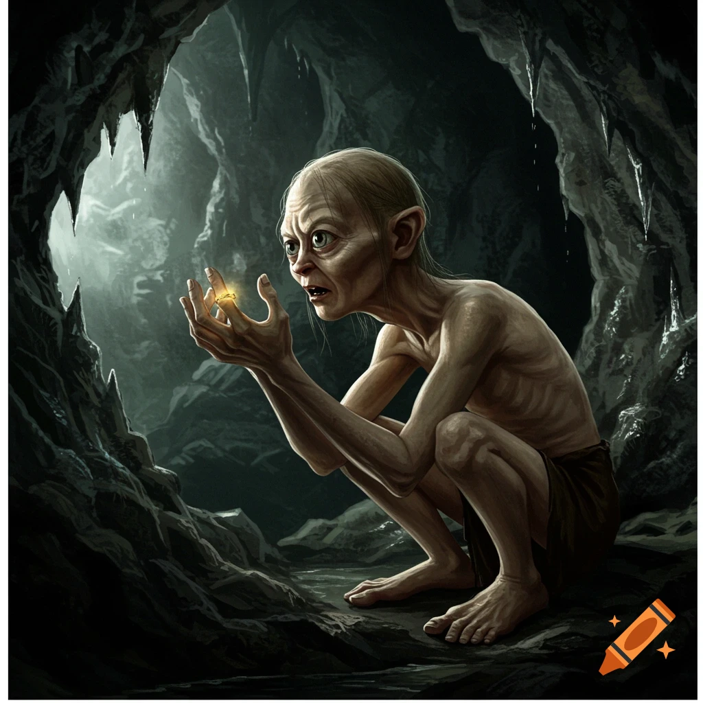 Gollum crouches in a dark cave, gazing at the glowing One Ring in his hands.
